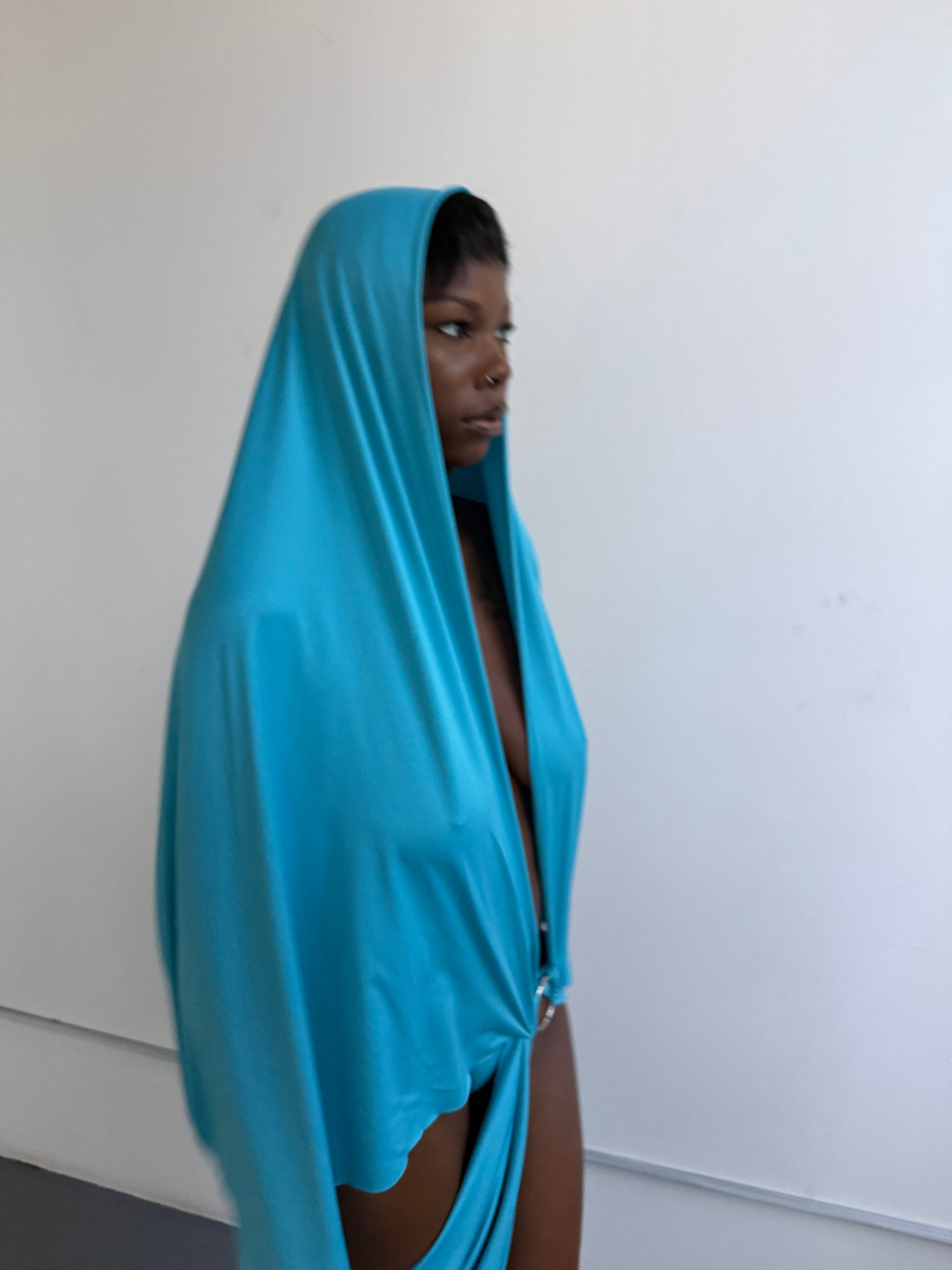 BLUE DRAPE HOODIE DRESS