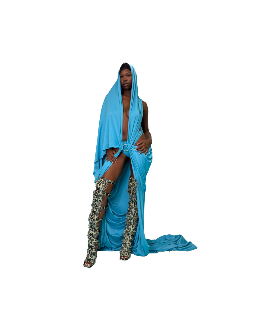 BLUE DRAPE HOODIE DRESS