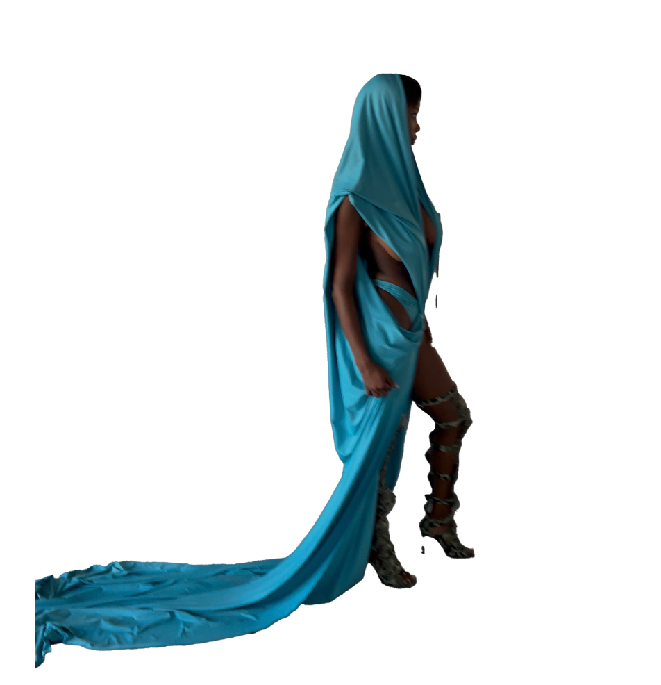 BLUE DRAPE HOODIE DRESS