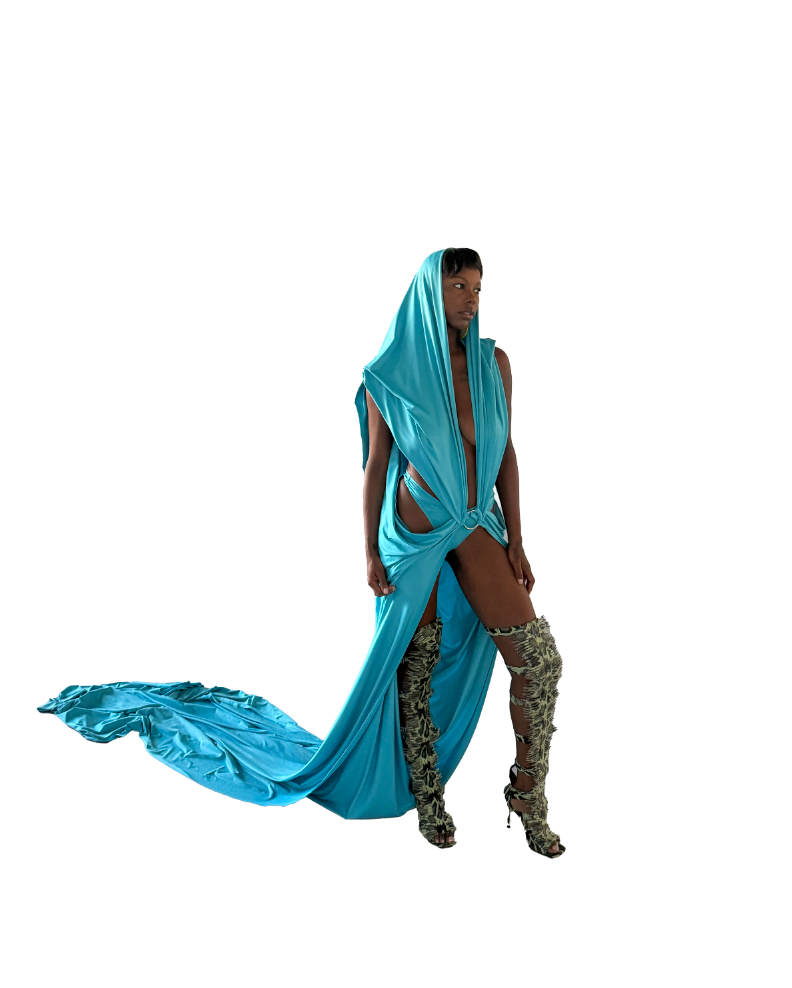 BLUE DRAPE HOODIE DRESS