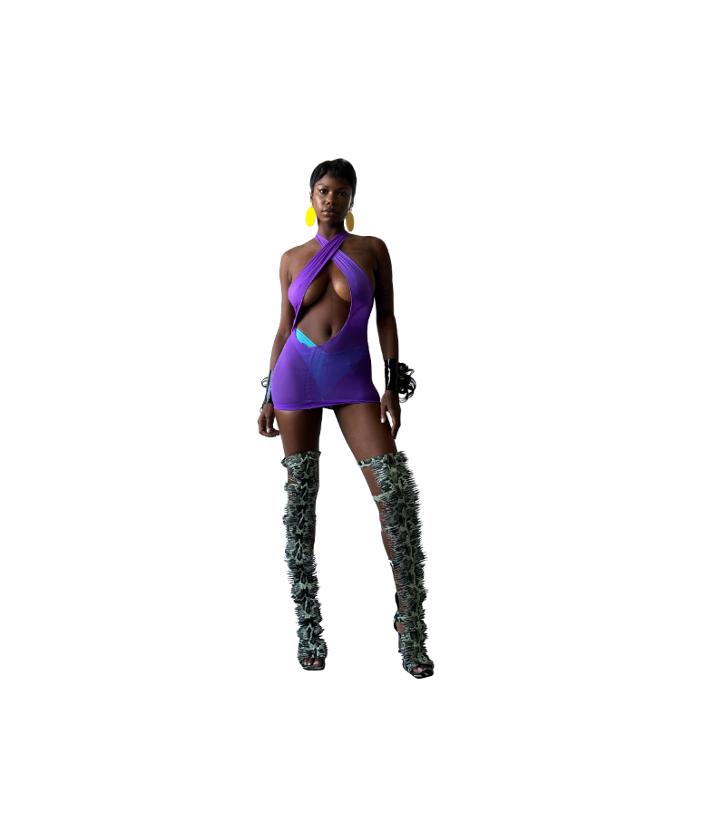 TLZLF X AZIAVAI PURPLE SHEER MINI DRESS