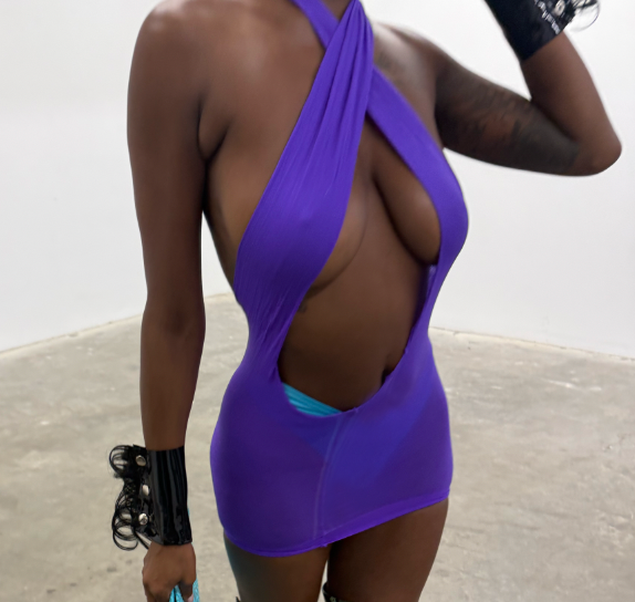 TLZLF X AZIAVAI PURPLE SHEER MINI DRESS