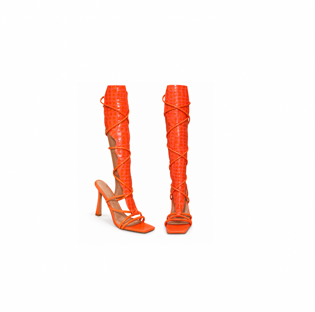 ORANGE CROC KNEE HIGH LACE UP